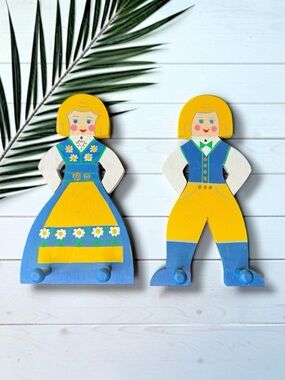Vintage Swedish Wooden Folk Art Wall Hooks Boy & Girl Set Hemslöjden Sweden